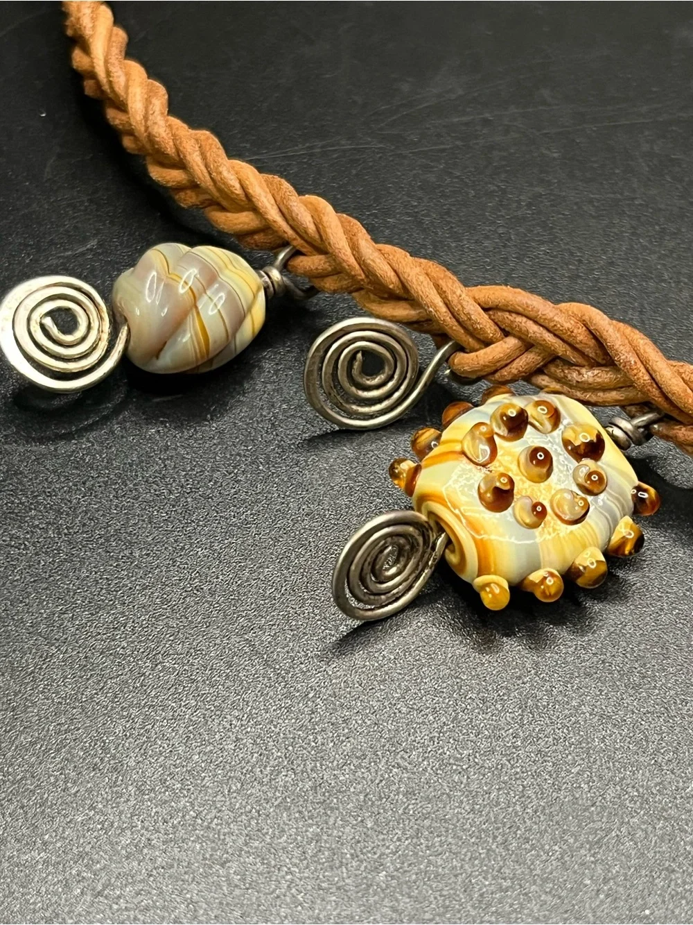 Artisan Sterling Silver Wire Art Glass Braided Leather Statement Necklace Boho